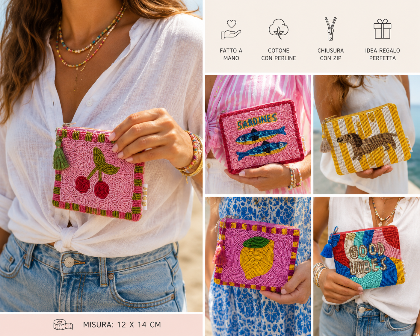 Pochette in Cotone con Perline – 12x14 cm