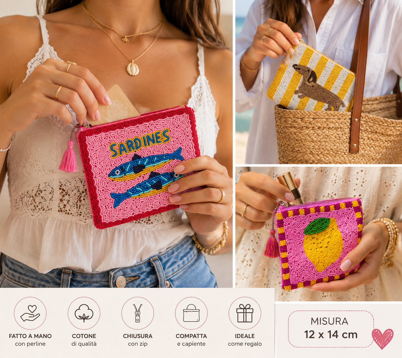 Pochette in Cotone con Perline – 12x14 cm